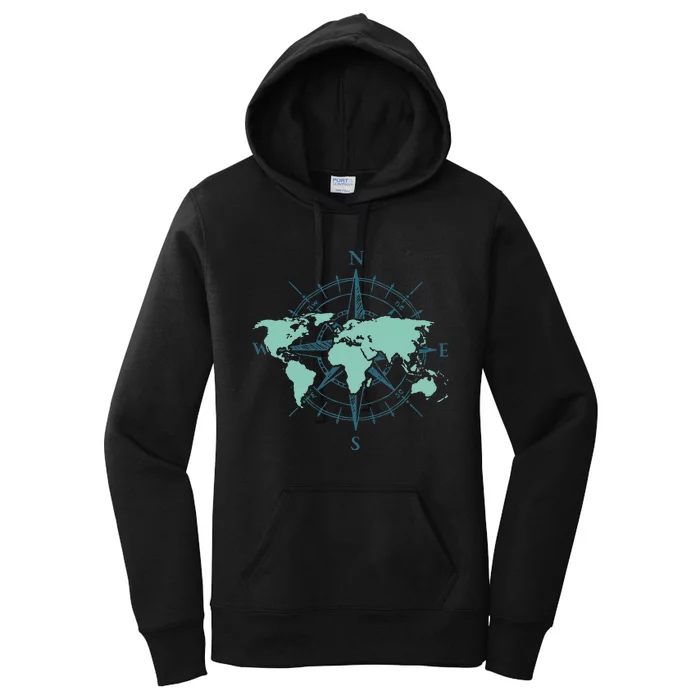 Cartography Traveler Travelling Compass World Map Women's Pullover Hoodie