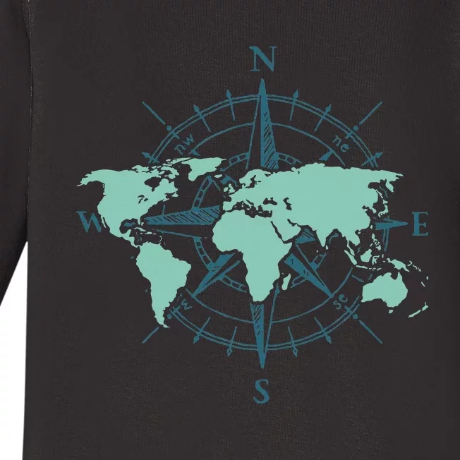 Cartography Traveler Travelling Compass World Map Baby Long Sleeve Bodysuit