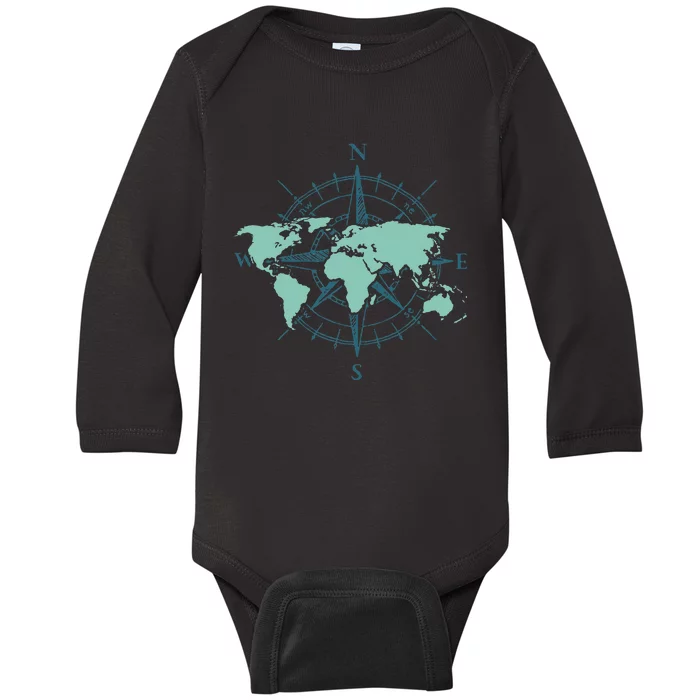 Cartography Traveler Travelling Compass World Map Baby Long Sleeve Bodysuit