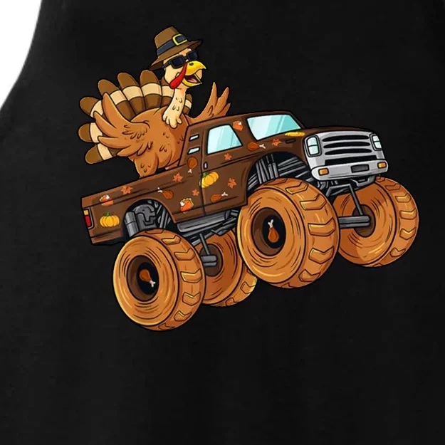 Cute Turkey Thanksgiving Monster Truck Ladies Tri-Blend Wicking Tank