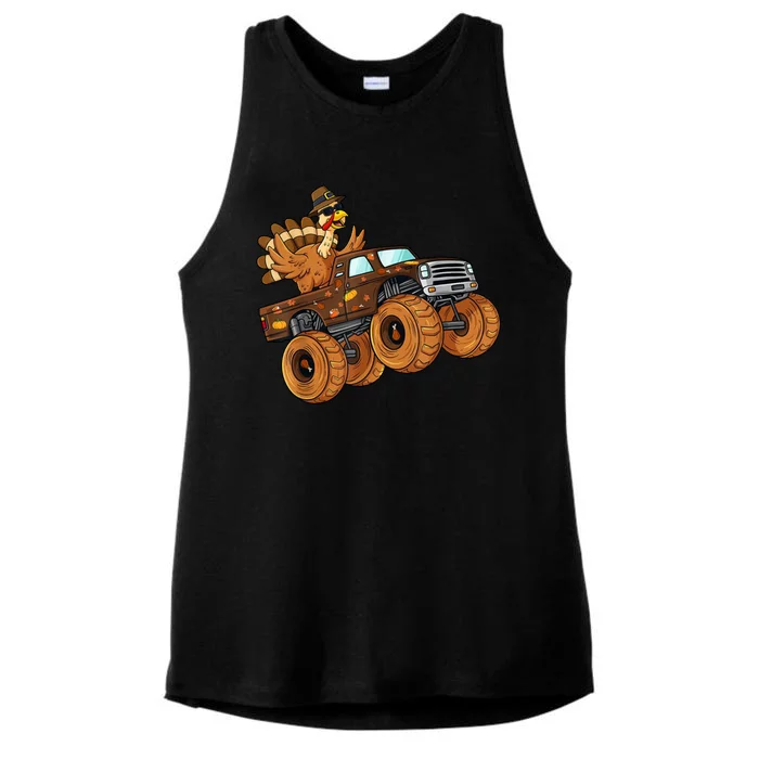 Cute Turkey Thanksgiving Monster Truck Ladies Tri-Blend Wicking Tank