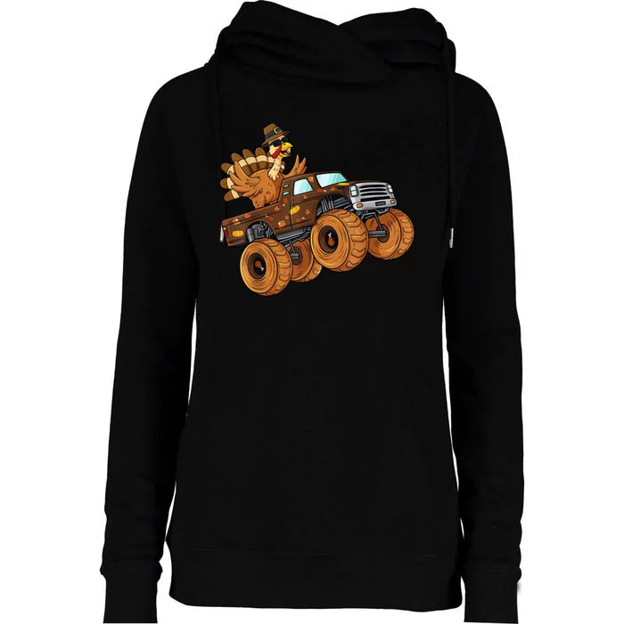 Cute Turkey Thanksgiving Monster Truck Womens Funnel Neck Pullover Hood