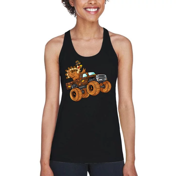 Cute Turkey Thanksgiving Monster Truck Women's Racerback Tank