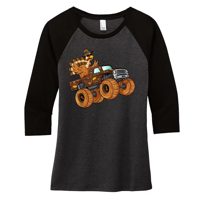 Cute Turkey Thanksgiving Monster Truck Women's Tri-Blend 3/4-Sleeve Raglan Shirt