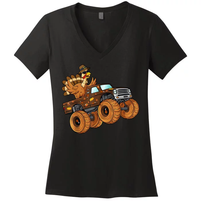 Cute Turkey Thanksgiving Monster Truck Women's V-Neck T-Shirt