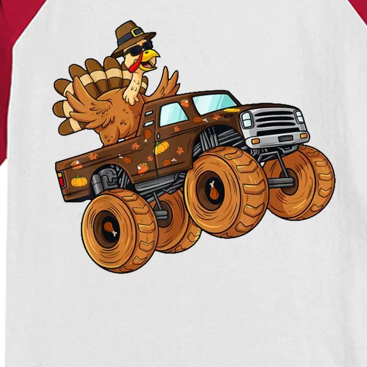 Cute Turkey Thanksgiving Monster Truck Kids Colorblock Raglan Jersey