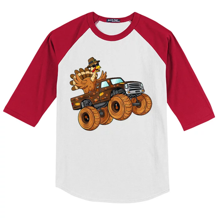 Cute Turkey Thanksgiving Monster Truck Kids Colorblock Raglan Jersey