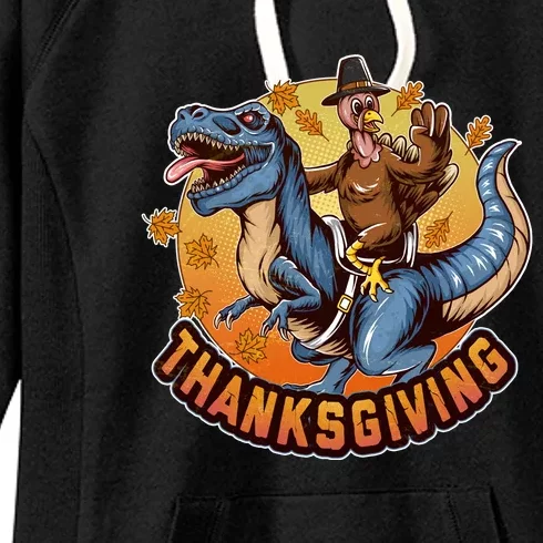 Cool Thanksgiving Turkey Riding TRex Dinosaur Women's Fleece Hoodie