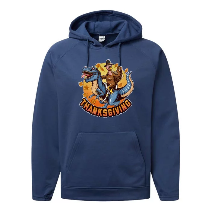 Cool Thanksgiving Turkey Riding TRex Dinosaur Performance Fleece Hoodie