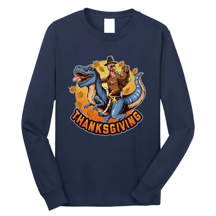 Cool Thanksgiving Turkey Riding TRex Dinosaur Long Sleeve Shirt