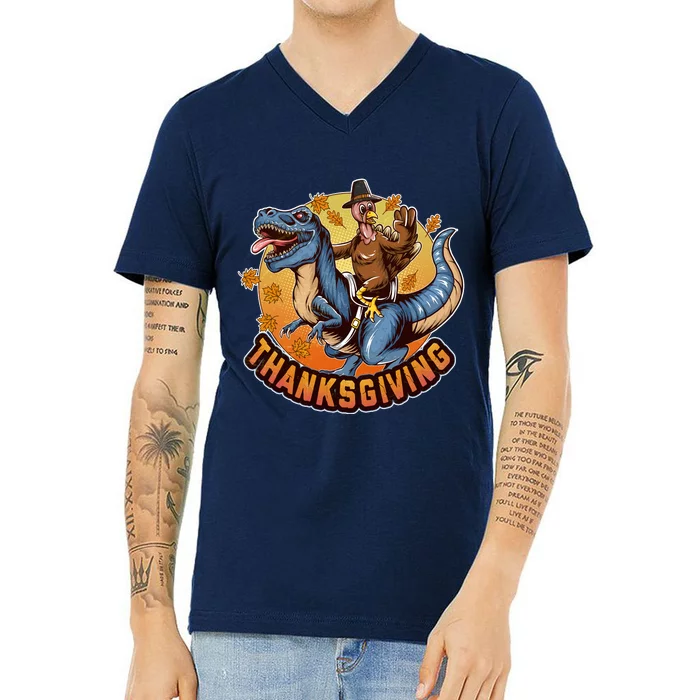 Cool Thanksgiving Turkey Riding TRex Dinosaur V-Neck T-Shirt