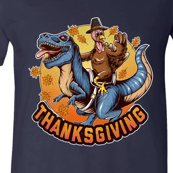 Cool Thanksgiving Turkey Riding TRex Dinosaur V-Neck T-Shirt