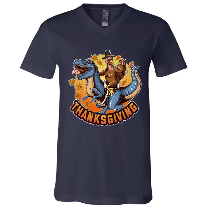 Cool Thanksgiving Turkey Riding TRex Dinosaur V-Neck T-Shirt