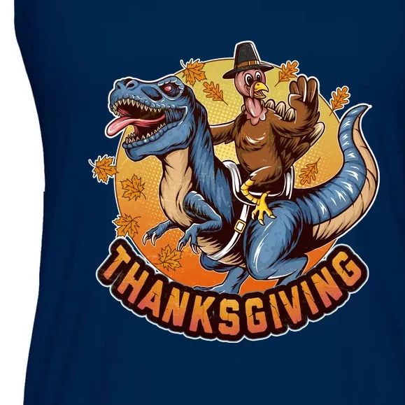 Cool Thanksgiving Turkey Riding TRex Dinosaur Ladies Essential Flowy Tank