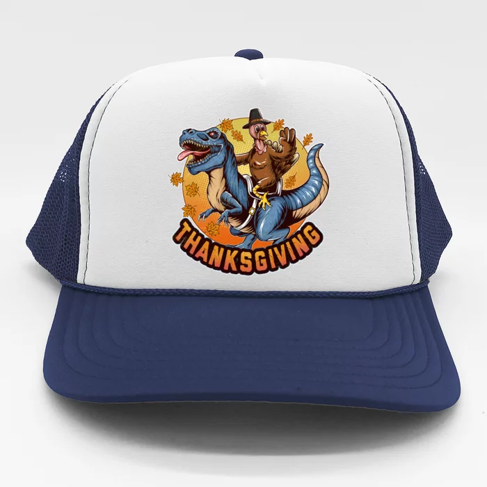 Cool Thanksgiving Turkey Riding TRex Dinosaur Trucker Hat