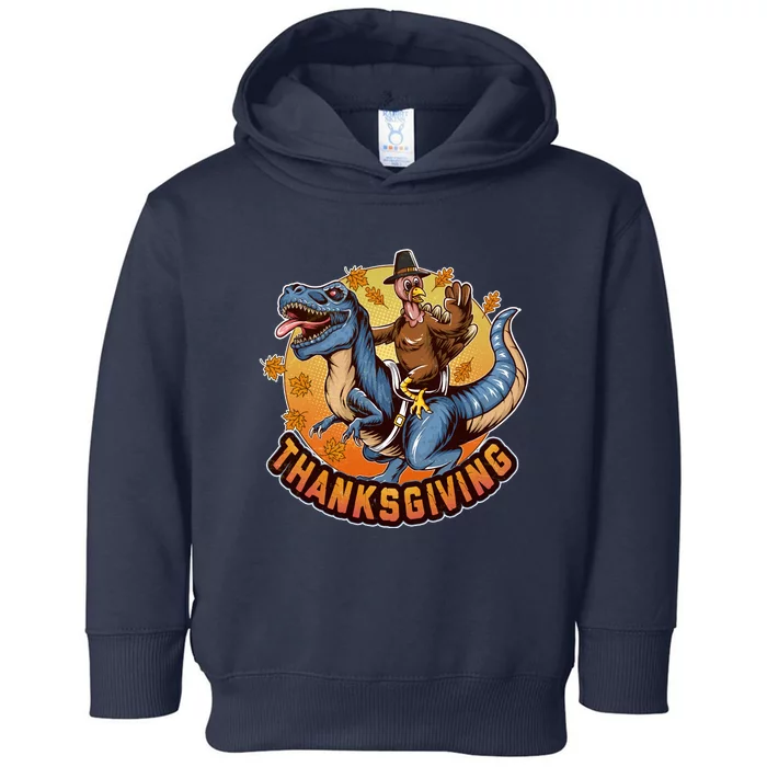 Cool Thanksgiving Turkey Riding TRex Dinosaur Toddler Hoodie