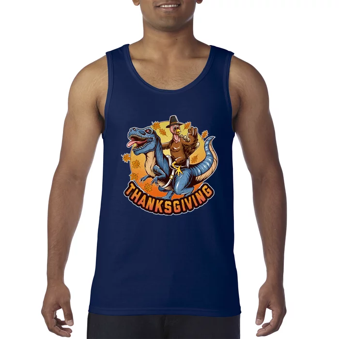 Cool Thanksgiving Turkey Riding TRex Dinosaur Tank Top