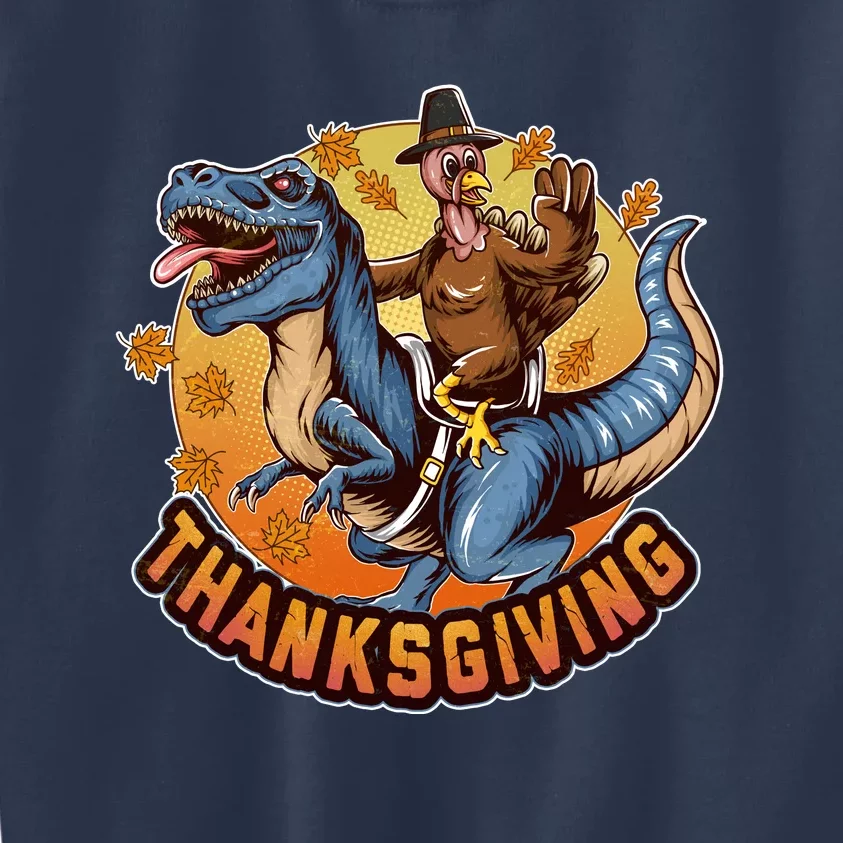 Cool Thanksgiving Turkey Riding TRex Dinosaur Kids Sweatshirt