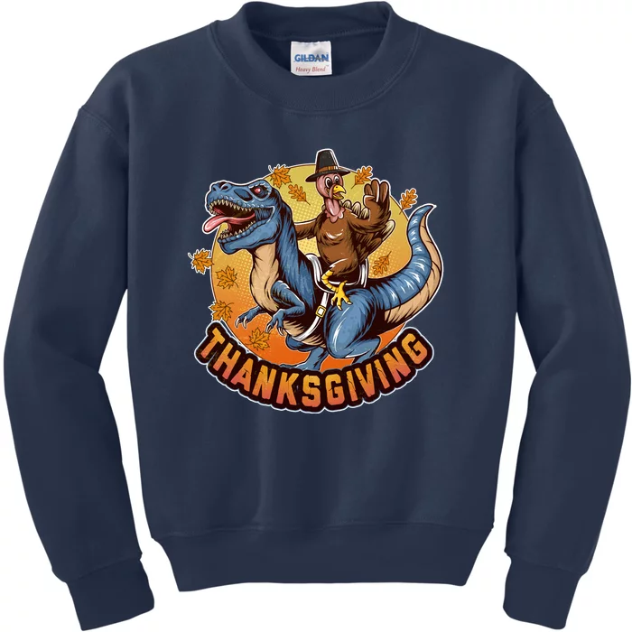 Cool Thanksgiving Turkey Riding TRex Dinosaur Kids Sweatshirt