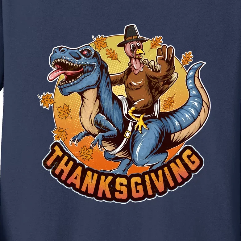 Cool Thanksgiving Turkey Riding TRex Dinosaur Kids Long Sleeve Shirt