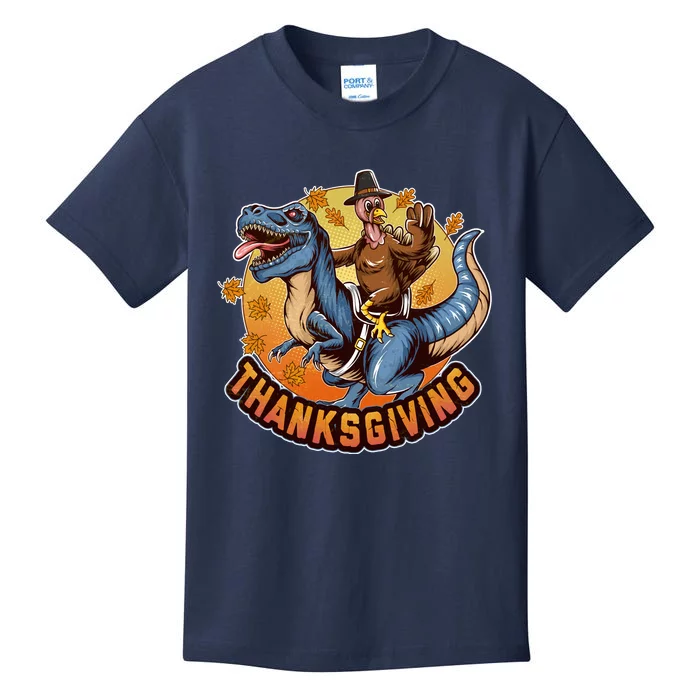 Cool Thanksgiving Turkey Riding TRex Dinosaur Kids T-Shirt