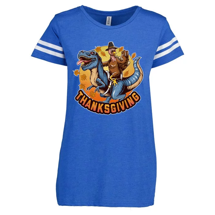 Cool Thanksgiving Turkey Riding TRex Dinosaur Enza Ladies Jersey Football T-Shirt