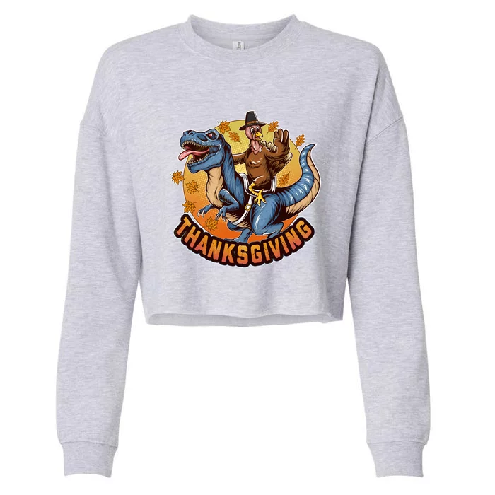 Cool Thanksgiving Turkey Riding TRex Dinosaur Cropped Pullover Crew