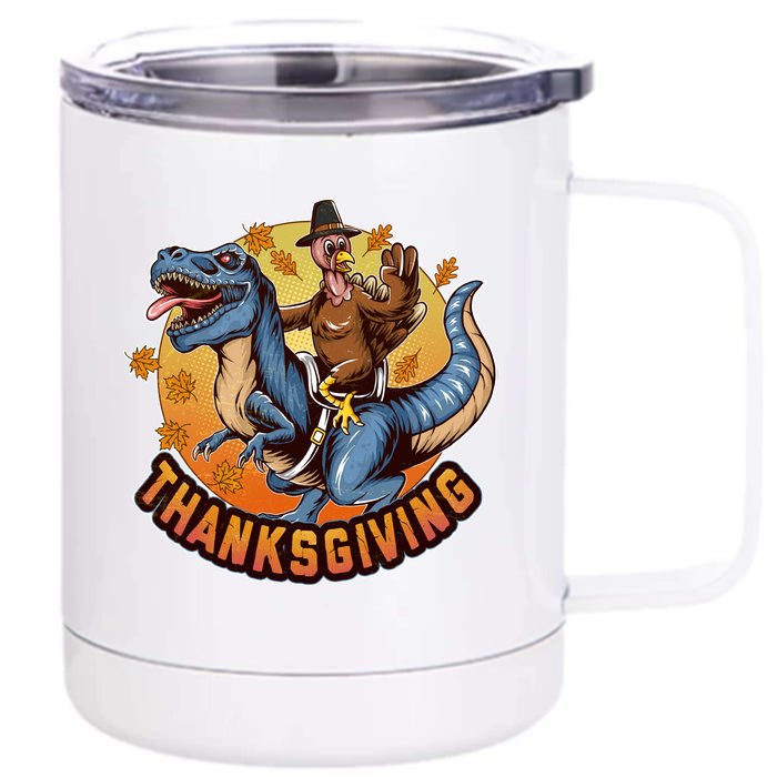 Cool Thanksgiving Turkey Riding TRex Dinosaur Front & Back 12oz Stainless Steel Tumbler Cup