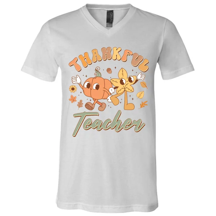 Cute Thanksgiving Thankful Teacher V-Neck T-Shirt