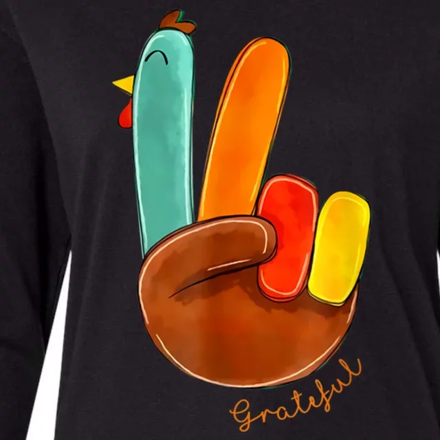 Cute Thanksgiving Turkey Peace Sign Grateful Womens Cotton Relaxed Long Sleeve T-Shirt