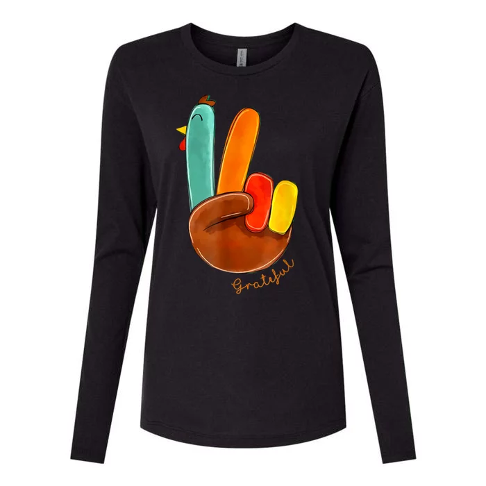 Cute Thanksgiving Turkey Peace Sign Grateful Womens Cotton Relaxed Long Sleeve T-Shirt