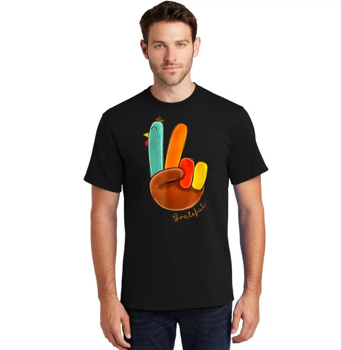 Cute Thanksgiving Turkey Peace Sign Grateful Tall T-Shirt