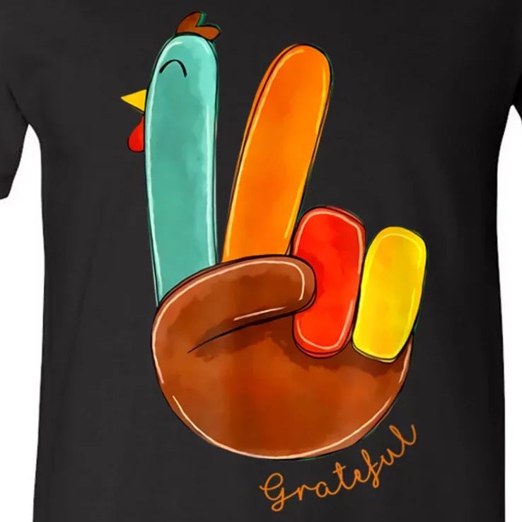 Cute Thanksgiving Turkey Peace Sign Grateful V-Neck T-Shirt