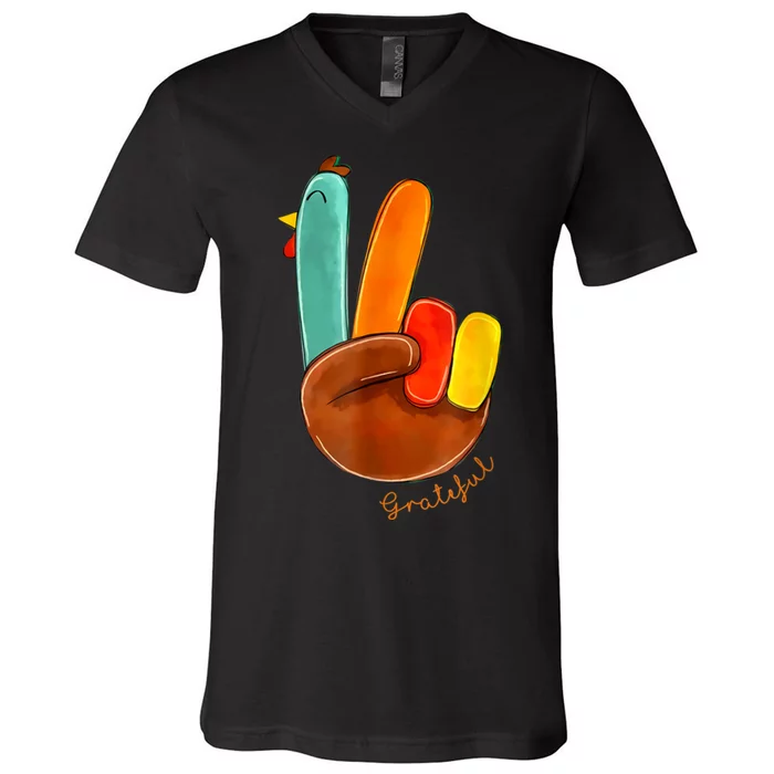 Cute Thanksgiving Turkey Peace Sign Grateful V-Neck T-Shirt