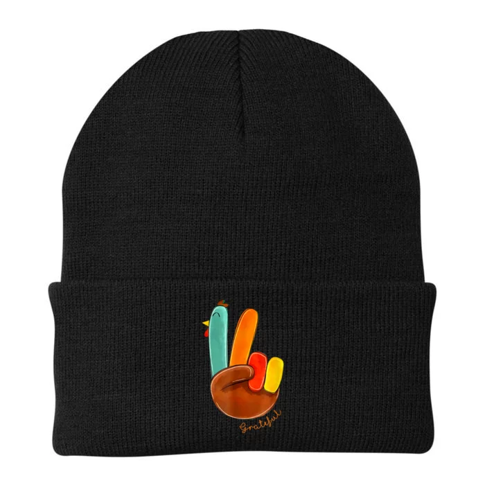 Cute Thanksgiving Turkey Peace Sign Grateful Knit Cap Winter Beanie