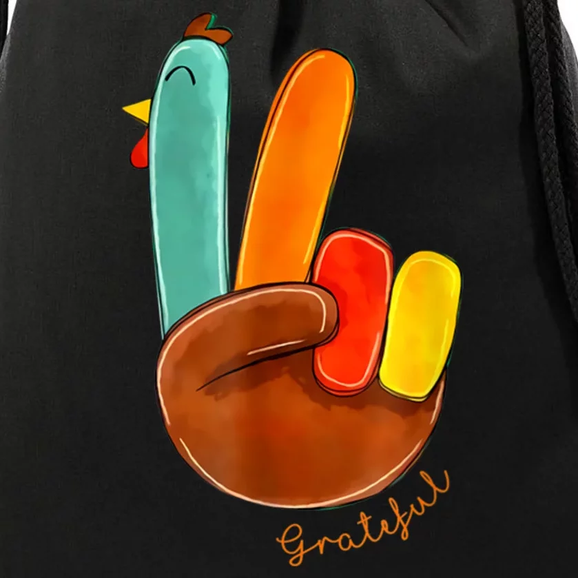 Cute Thanksgiving Turkey Peace Sign Grateful Drawstring Bag