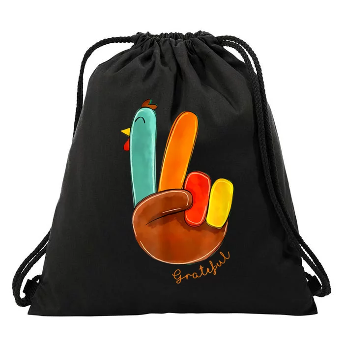 Cute Thanksgiving Turkey Peace Sign Grateful Drawstring Bag