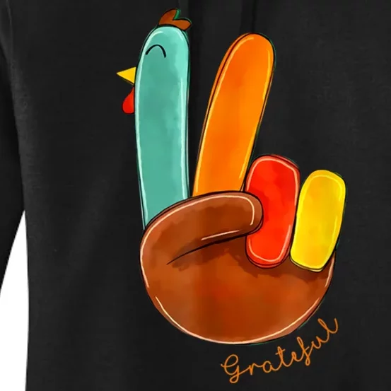 Cute Thanksgiving Turkey Peace Sign Grateful Women's Pullover Hoodie