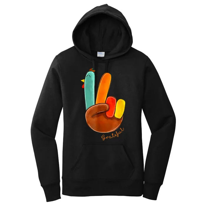 Cute Thanksgiving Turkey Peace Sign Grateful Women's Pullover Hoodie