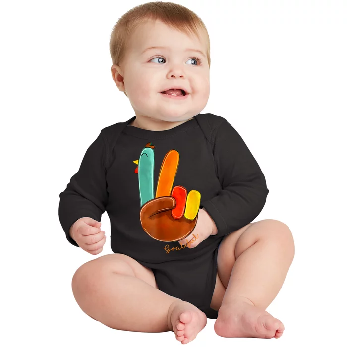 Cute Thanksgiving Turkey Peace Sign Grateful Baby Long Sleeve Bodysuit