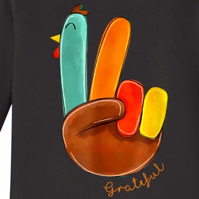 Cute Thanksgiving Turkey Peace Sign Grateful Baby Long Sleeve Bodysuit