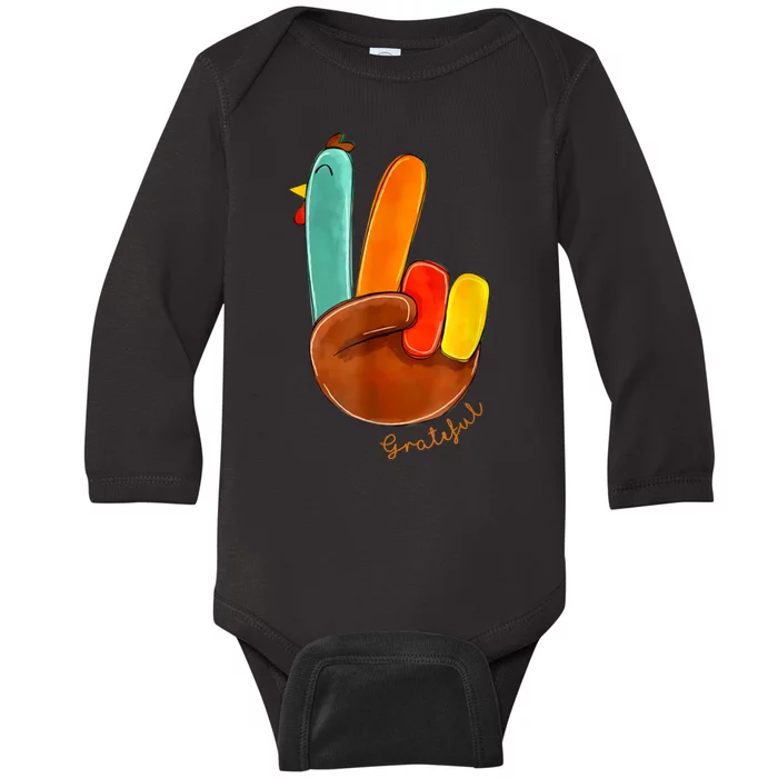 Cute Thanksgiving Turkey Peace Sign Grateful Baby Long Sleeve Bodysuit