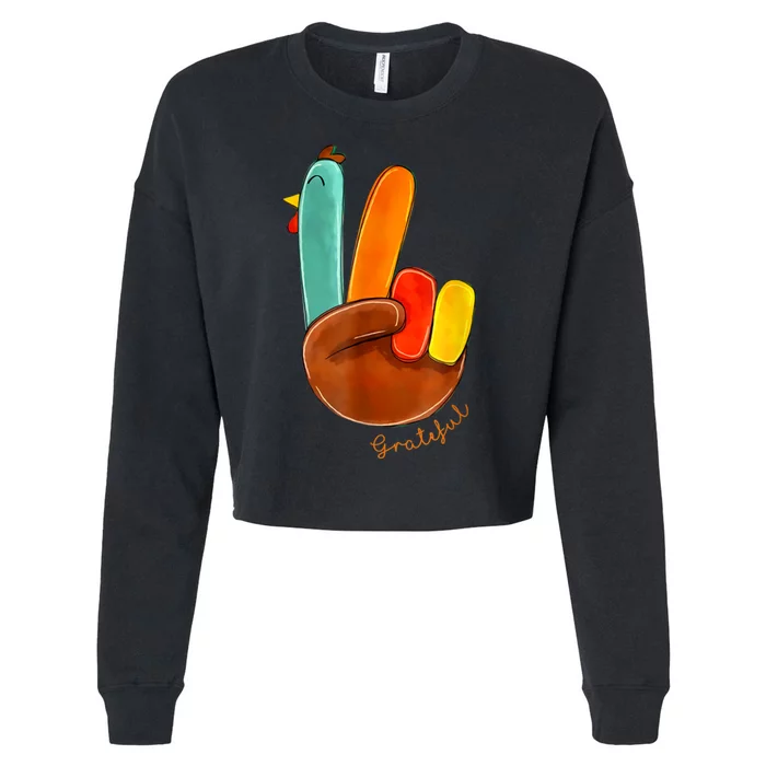 Cute Thanksgiving Turkey Peace Sign Grateful Cropped Pullover Crew