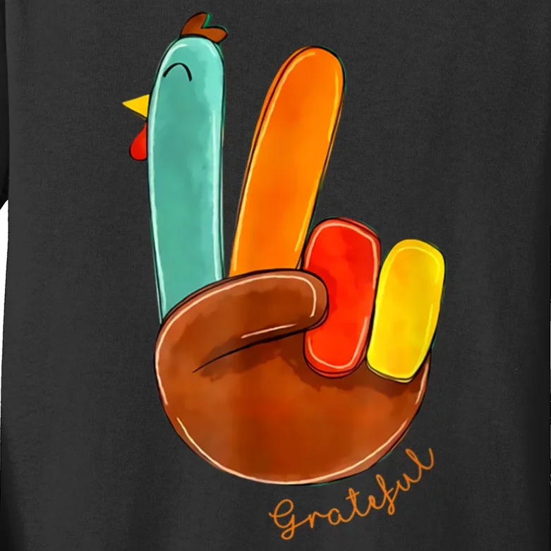 Cute Thanksgiving Turkey Peace Sign Grateful Kids Long Sleeve Shirt