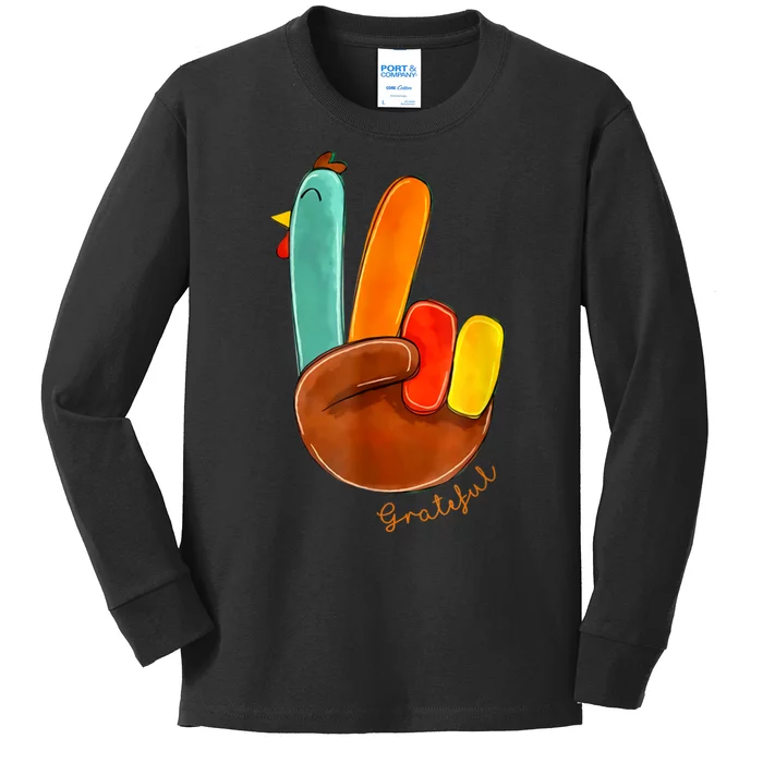 Cute Thanksgiving Turkey Peace Sign Grateful Kids Long Sleeve Shirt