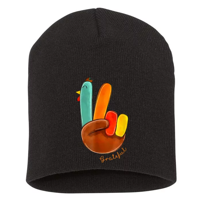 Cute Thanksgiving Turkey Peace Sign Grateful Short Acrylic Beanie