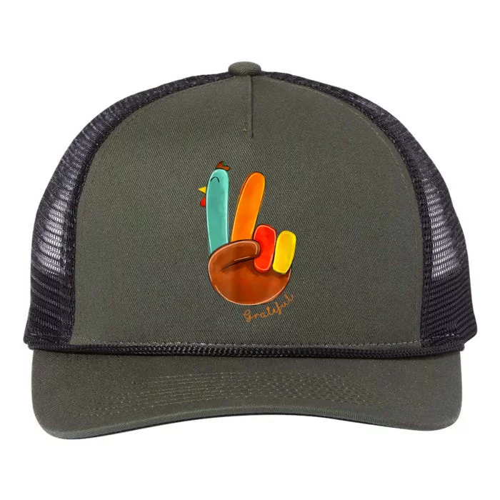 Cute Thanksgiving Turkey Peace Sign Grateful Retro Rope Trucker Hat Cap