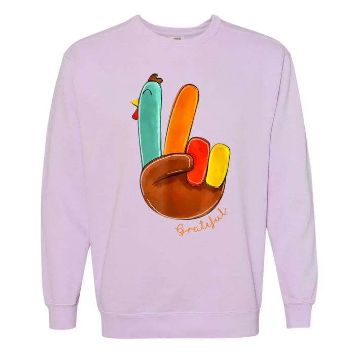 Cute Thanksgiving Turkey Peace Sign Grateful Garment-Dyed Sweatshirt