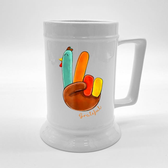 Cute Thanksgiving Turkey Peace Sign Grateful Front & Back Beer Stein