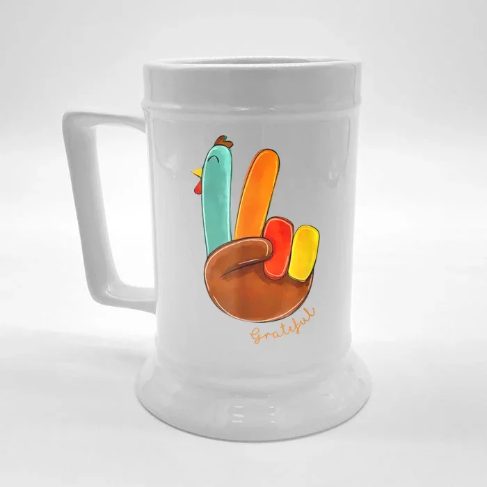 Cute Thanksgiving Turkey Peace Sign Grateful Front & Back Beer Stein